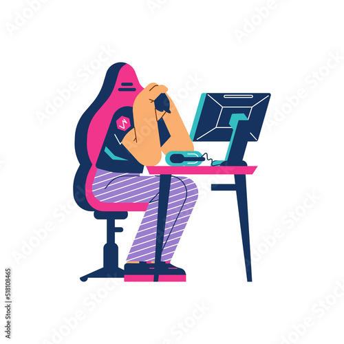 Sad man lost in video game or e-sport tournament, flat vector illustration isolated on white background.