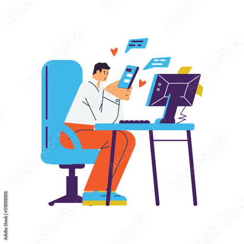 Office man sitting at the computer and chatting instead of working flat style