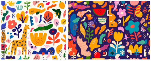 Colourful set of baby seamless patterns. Floral summer, childish seamless patterns