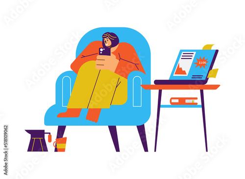 Woman procrastinating with her phone in armchair, flat vector illustration isolated on white background.