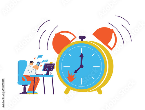 Procrastination and laziness at work banner flat vector illustration isolated.