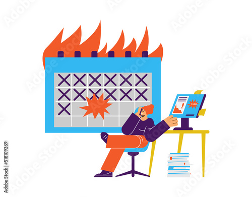 Procrastination banner with woman chatting phone vector illustration isolated.