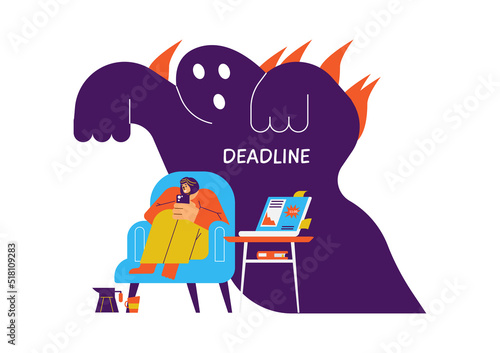 Burning deadline monster above procrastinating woman, flat vector illustration isolated on white background.