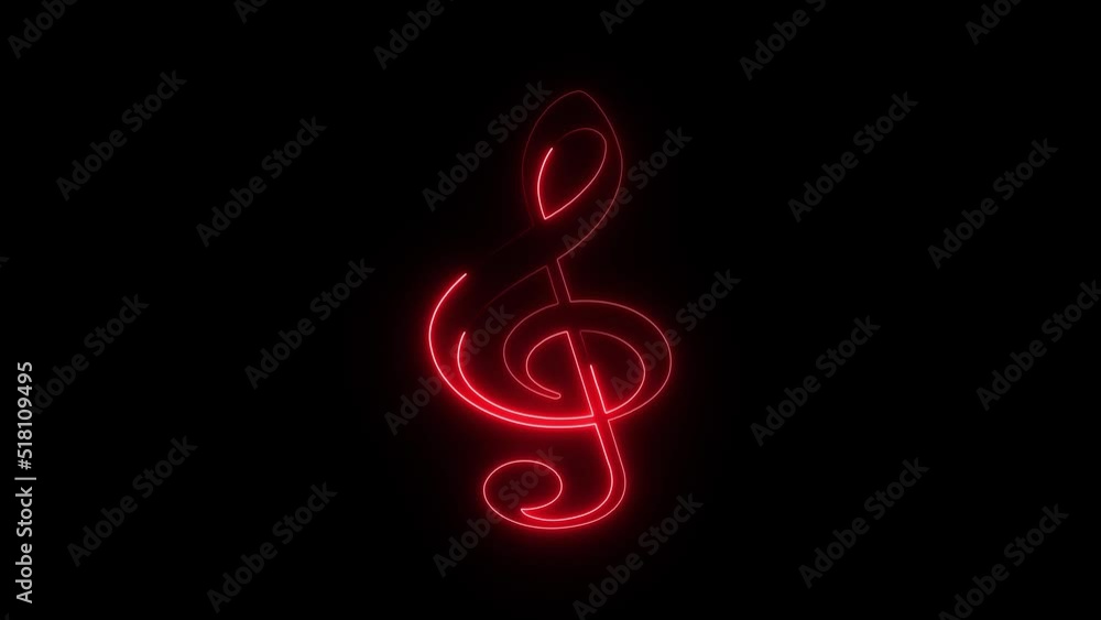Music sign, symbol neon reveal glowing effect animation. Black background, copy space. Sign and symbols animation.