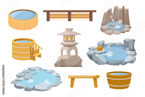 Japanese hot spring elements vector illustrations set. Collection of cartoon drawings of outdoor bath, pool or onsen, wooden barrels with water on white background. Japan, spa, relaxation concept