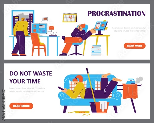 Procrastination and inefficient use of time banners, flat vector illustration.