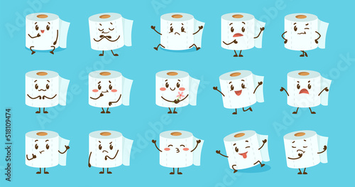Emoticons with cute comic toilet paper vector illustrations set. Funny toilet roll for washroom cartoon character with different emotions isolated on blue background. Hygiene, emotions concept