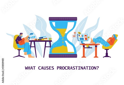 People procrastinate and resting while time in hourglasses is running out, flat vector illustration on white background.