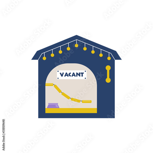 Empty pets house or kennel with banner read vacant, flat vector isolated.