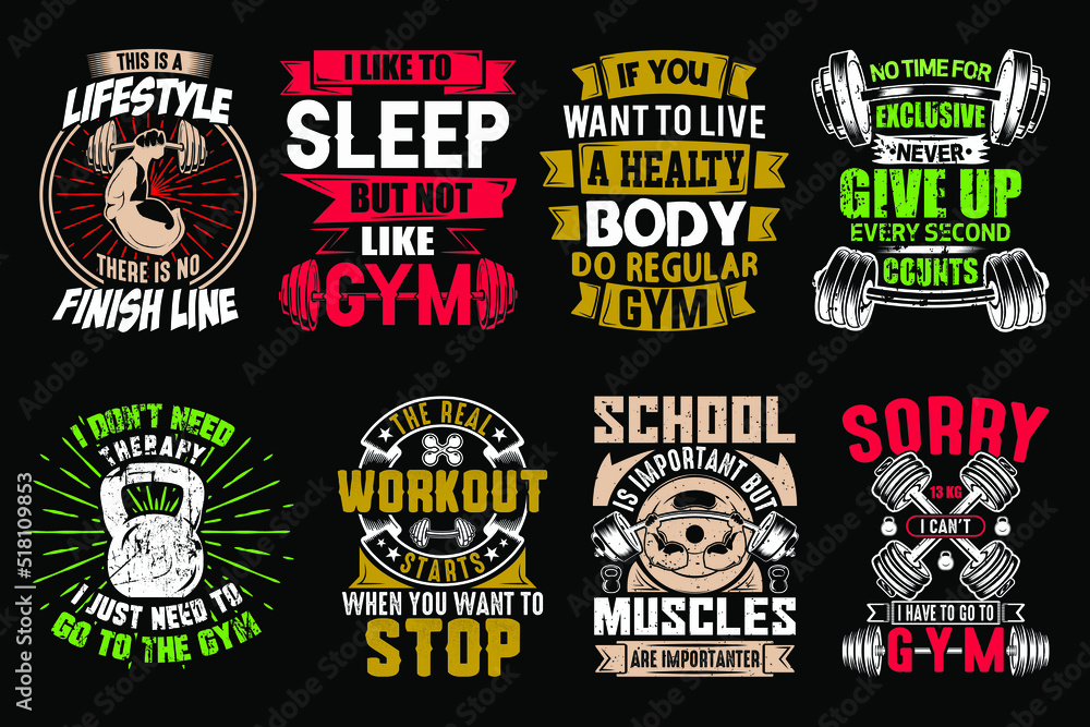 Gym t shirt designs bundle, fitness t-shirt design bundle, Gym tools bundle  vector de Stock | Adobe Stock