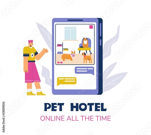 Pet hotel online customers services banner template, flat vector illustration.