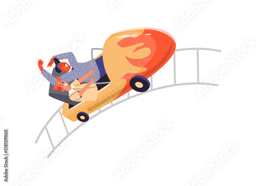 Cheerful smiling guys riding roller coaster, flat vector illustration isolated.
