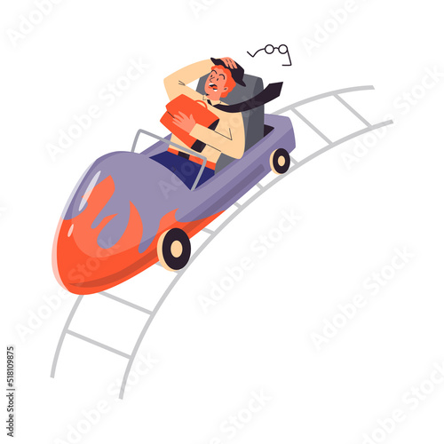 Scared businessman riding roller coaster, flat vector illustration isolated on white background.