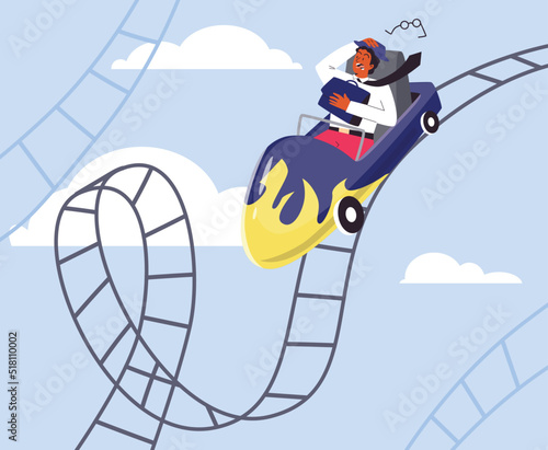 Screaming office man in hat riding on roller coaster flat style