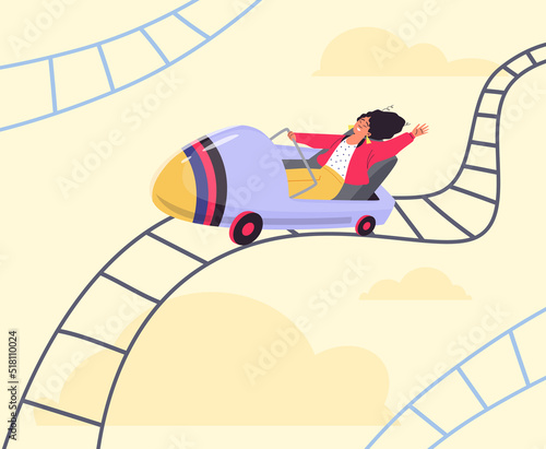 Cheerful woman riding roller coaster in amusement park flat vector illustration.