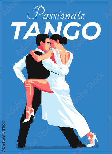 Vector illustration of elegant young couple of man and woman dancing tango in flat minimalistic style. Advertisement of a dance studio, tango lessons, master classes, parties, events. Vintage poster.