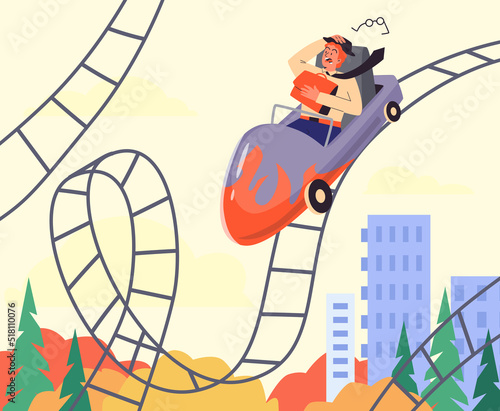 Exited scared office man riding fast on roller coaster flat style, vector illustration