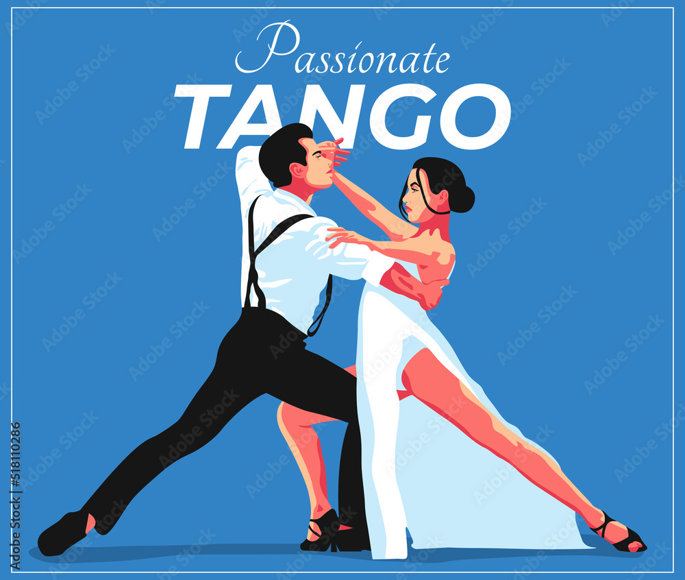 Vector illustration of elegant young couple of man and woman dancing tango in flat minimalistic style. Advertisement of a dance studio, tango lessons, master classes, parties, events. Vintage poster. - obrazy, fototapety, plakaty 