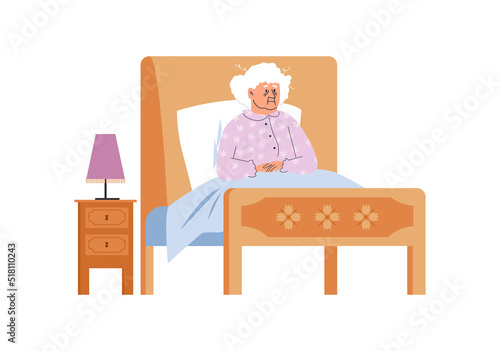 Grandma sits in bed and can't sleep flat style, vector illustration