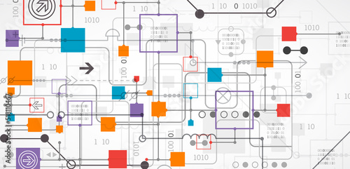 Abstract technology concept. Circuit board, high computer color background. Vector illustration with space for content, web - template, business tech presentation.