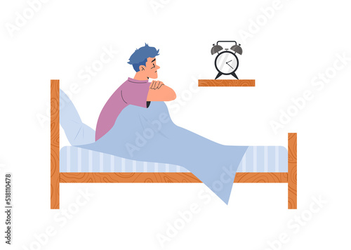 Man suffers from insomnia and can not sleep, flat vector illustration isolated.