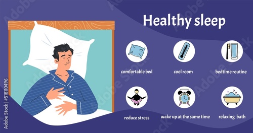 Healthy sleep and beating insomnia tips infographic, flat vector illustration.