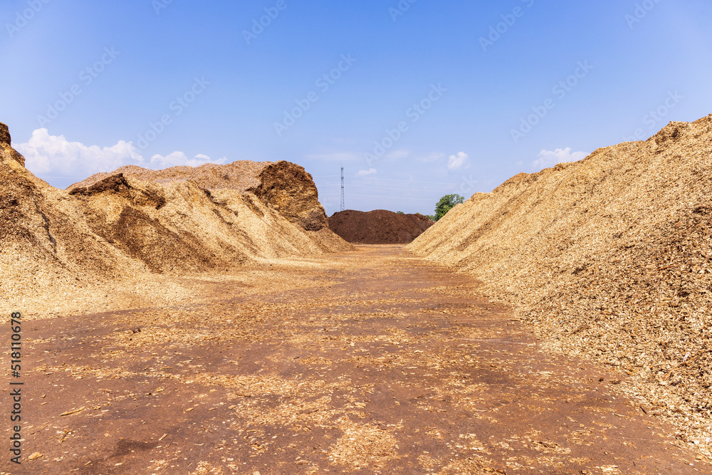Wood chips pile in a storage place