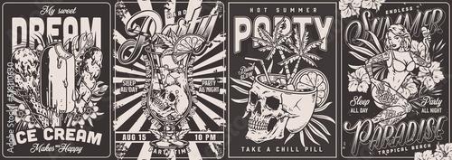 Beach party set monochrome posters