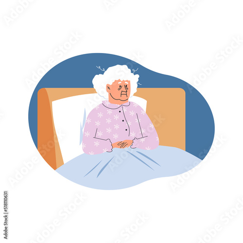Exhausted grandma in pajamas sitting in bed flat style, vector illustration
