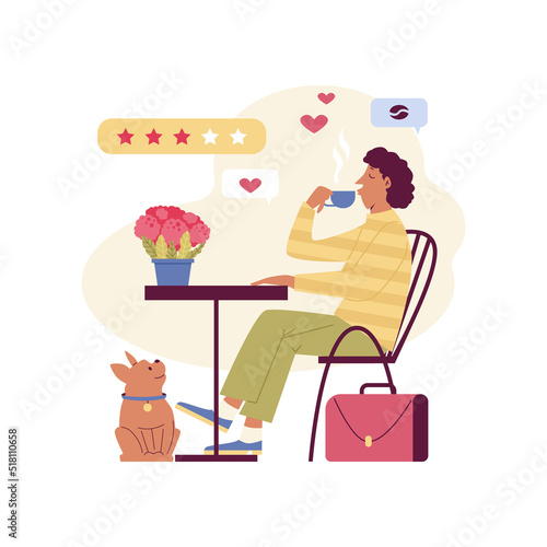 Food critic character drinking coffee flat style, vector illustration
