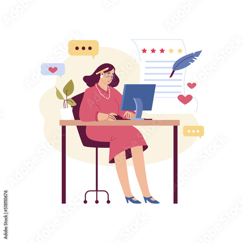 Smiling woman sits at computer and writes review flat style