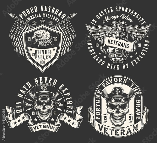 Military veteran set emblem monochrome