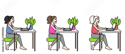 A young fair-skinned girl works at home on a laptop and smiles. Three color variants isolated on white background.