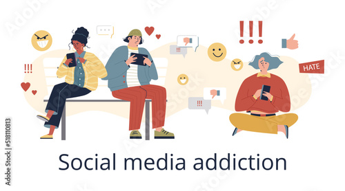 Social media addiction concept with people using smartphone, flat vector illustration on white.