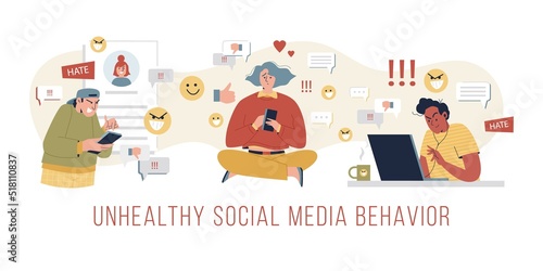 Angry and frustrated people showing unhealthy social media behavior, flat vector illustration on white.