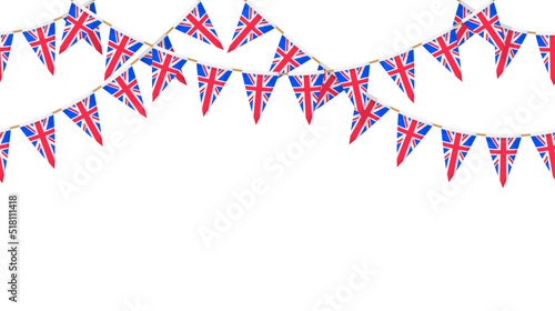 UK flag garland. Union Jack pennants chain. British party bunting decoration. Great Britain flags for celebration. Repeating pattern. Vector background.