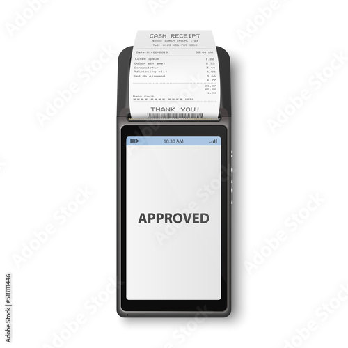 Vector 3d NFC Payment Machine with Approved Status and Paper Bill, Receipt Isolated. Wi-fi, Wireless Payment. POS Terminal, Machine Design Template, Bank Payment Contactless Terminal, Mockup. Top VIew