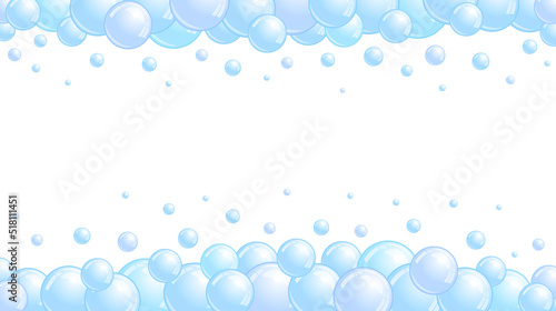 Blue soap bubbles frame. Foam border, suds decorative divider. Soap bubbles pattern. Vector background