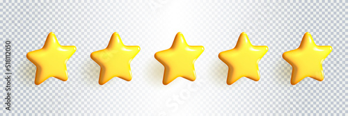 Five stars of golden yellow glossy color. Customer achievement and feedback concept. Achievements for games. High client rating about work employee of website. Realistic 3d vector illustration design