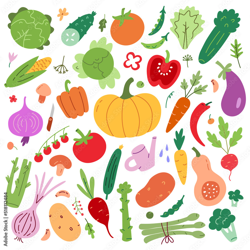 Vegetable food collection, avocado, tomato, pepper icons, vector doodle illustration of vegetable garden products, isolated colored clipart on white background, organic vegetarian eating, farm food Vegetable food collection, avocado, tomato, pepper icons, vector doodle illustration of vegetable garden products, isolated colored clipart on white background, organic vegetarian eating, farm food