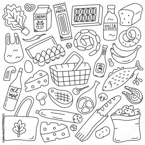Grocery food set, shop products icons, vector doodle illustration of bread, milk, cheese, isolated outline clipart on white background, supermarket purchase, groceries set