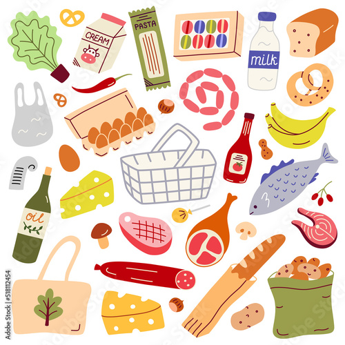 Grocery food collection, supermarket products icons, vector doodle illustration of bread, milk, cheese, isolated colored clipart on white background, market purchase, groceries set