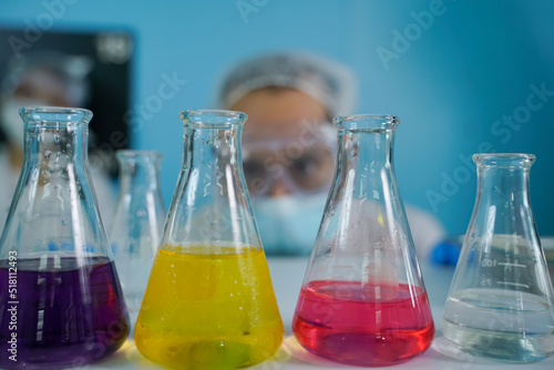 Scientists research plant-based medicines. natural organic extraction and science in glassware to make alternative herbal medicines skin care beauty products Laboratory concept and development