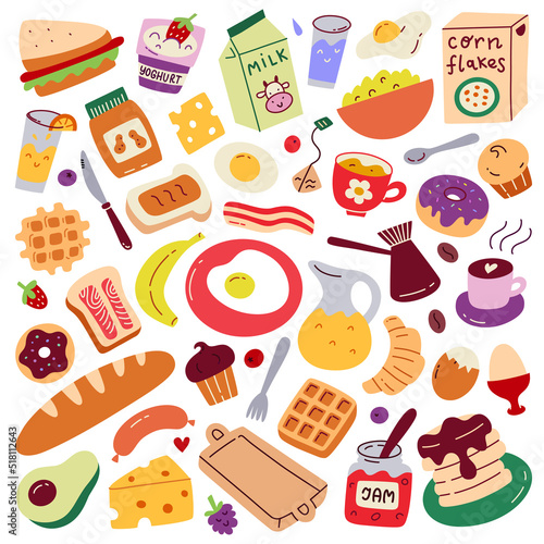 Breakfast food collection, colored tasty products for breakfast, coffee, toast, jam icons, vector doodle illustration of fruit, bread, isolated colored clipart on white background