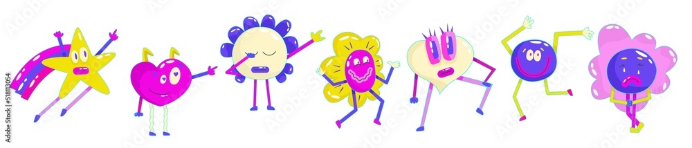Contemporary various smile set in retro comic style. Psychedelic emotions smile, hero, sad character. Modern retro abstract design. Round, star, daisy flower and heart character emoji Contemporary various smile set in retro comic style. Psychedelic emotions smile, hero, sad character. Modern retro abstract design. Round, star, daisy flower and heart character emoji
