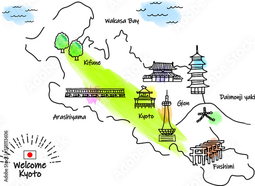 手描きの京都の観光地のシンプル線画イラストマップ