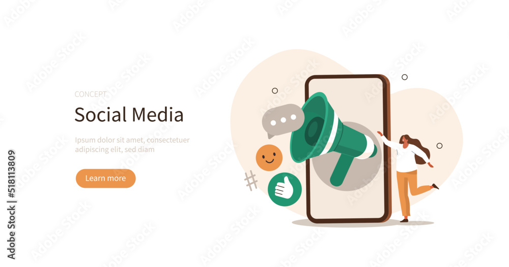 Naklejka premium Social media marketing. Characters communicating with audience in social media and using marketing strategy to increase followers. Digital marketing and media concept. Vector illustration.