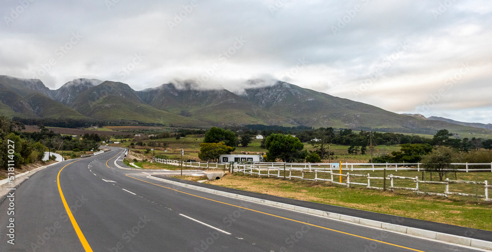 Road and idyllic landscapes of the garden route that runs along the fynbos peninsula that runs along the entire South African coast from Port Elizabeth to Cape Town and ideal for vacations and tourism