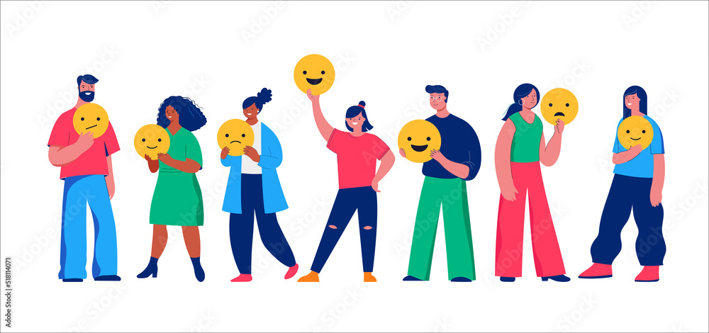 People holding emoji, smiley icon, giving review rating and feedback. Customer choice and employee feedback. Rank rating stars feedback. Business satisfaction support. 