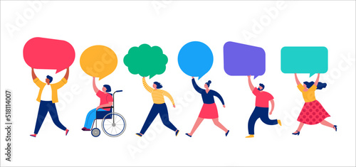 People holding colorful speech bubbles, giving review rating and feedback. Customer choice and employee feedback. Rank rating stars feedback. Business satisfaction support. 